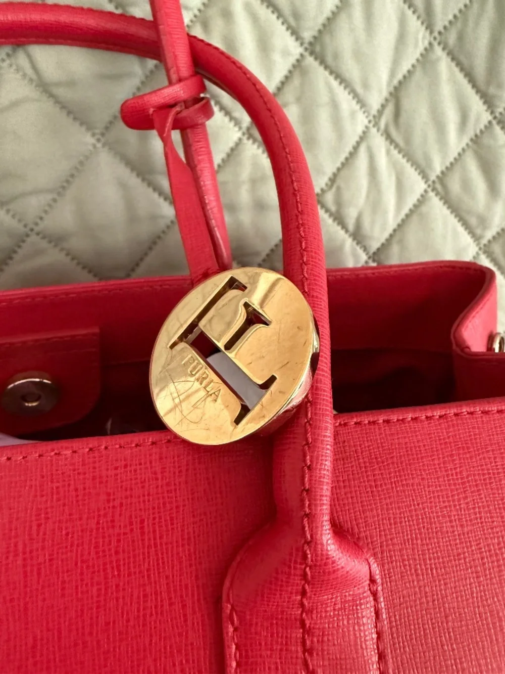 Furla Linda Saffiano Red Leather Top Handle Tote Bag Purse w/ Dustbag EUC